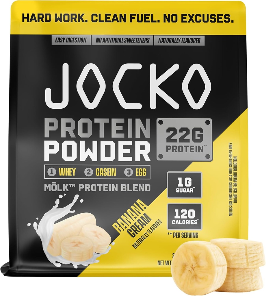 Jocko Fuel Mölk Whey Protein Powder 22g Low Sugar Monk Fruit Blend - Muscle Recovery & Growth, Packaging May Vary (28 Servere, Banan Cream)