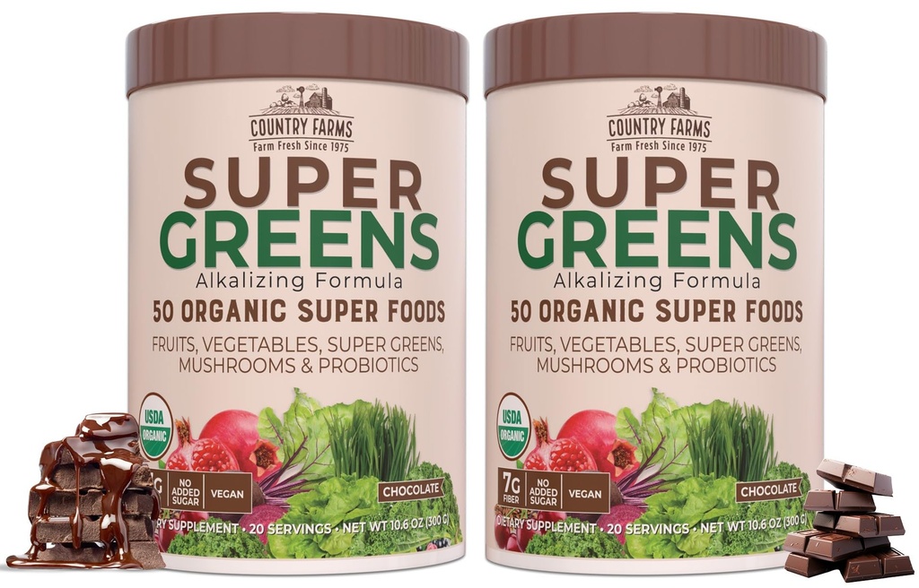 Country Farms Super Greens Chocolate Flavor, 50 Organic Super Foods, USDA Organic Drink Mix, Fruits, Vegetables, Super Greens, Mushrooms & Probiotics, Supports Energy, 40 Servings, 10.6 Oz, 2 Pack