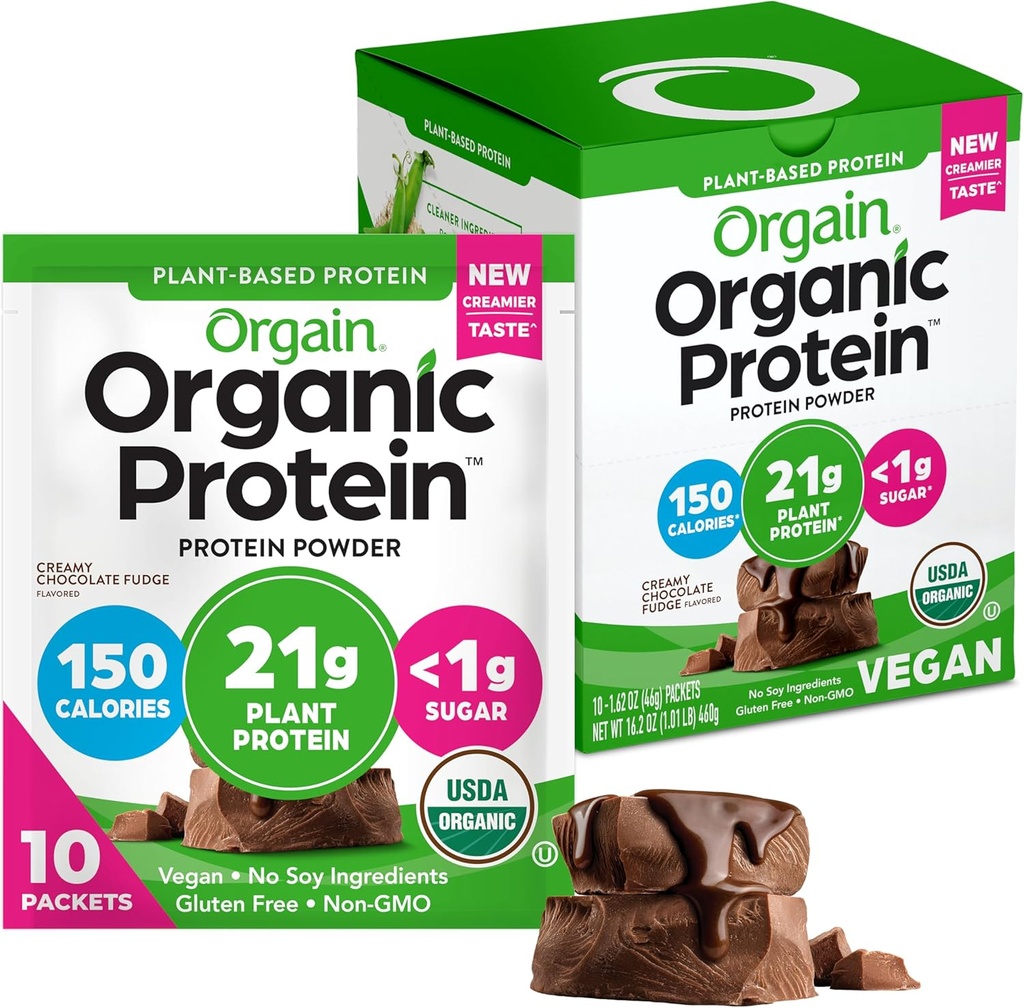 Orgain Organic Vegan Protein Powder, Creamy Chocolate Fudge - 21g Plant Protein, 6g Prebiotic Fiber, Low Carb, No Lactosa Ingredients, No Added Sugar, Non- GMO, For Shakes & Smoothies, 10 Cestovní balení