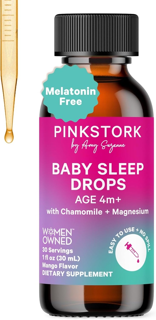 핑크 Stork Baby Sleep Drops, 유아, 유아 및 어린이를위한 Melatonin없이 자연적으로 수면, Chamomile 및 Magnesium, Baby Essentials for Bedtime, 1 oz, 30 서빙