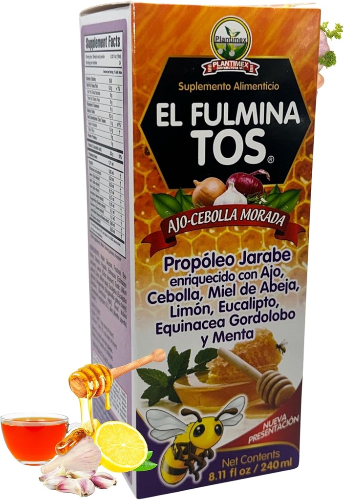 EL FULMINA TOS Propoleo +AJO + CEBOLLA +Miel+Limon+Eucalipto+Equinacea+Gordolobo & Menta (Propolis Syrup W/Garlic və Onion) 8.11 fl oz Nutritional əlavə Cough Syrup FULMINA TOS