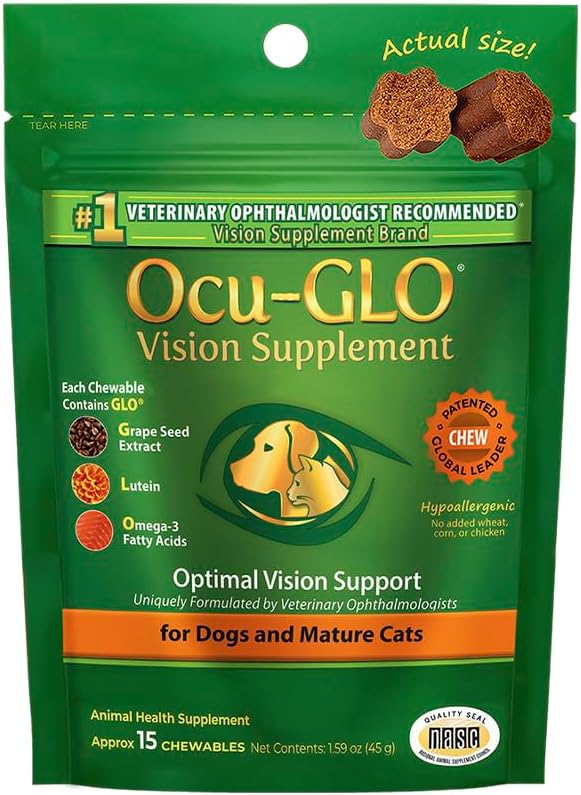 Ocu-GLO Cat & Dog Senior Addition for Eye Support - Дъвчаща Vision Витамини Добавки за грижи за големи и малки домашни любимци с лутеин, Омега-3 Мастни киселини, екстракт от гроздово семе и антиоксиданти