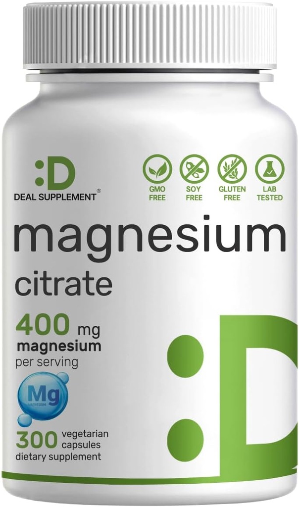 Magnesium Citrate 400mg Per Serving, 300 Veggie Capsules - Dipatened, Easily Absorbed, Purified Trace Mineral - Muscle, Heart, & Digetives Dukungan - Non-GMO