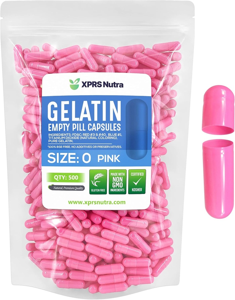 XPRS Nutra Size 0 Empty Capsules - 500 Count Empty Gelatin Capsules - Pills for DIY Capsule Filling - Pure Bovine Pill Gel Caps for Do-It-Yourself Supplements (Pink)