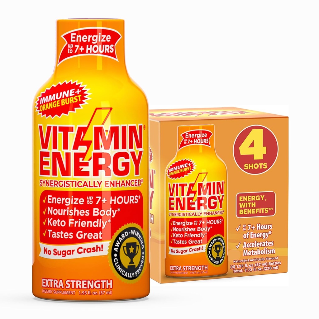 Vitamin Energy Immune+ Extra Strength Energy Shot — Orange Burst — 100% DV B-Vitamins " 260mg Caffeine — Zero Calories, Sugar-Free, Vegan, — Immunity " Energy Support — 1.93 fl oz, 4-Pack