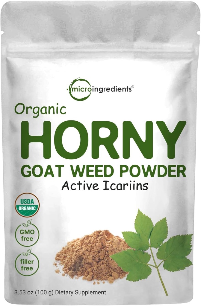 Maximální síla Organic Pure Horny Kozí Tráva s aktivní Icariiny pro muže a ženy, 100 Grams, Organic Epimedium prášek pro energii a imunitní systém Booster, Filler zdarma a Vegan Friendly