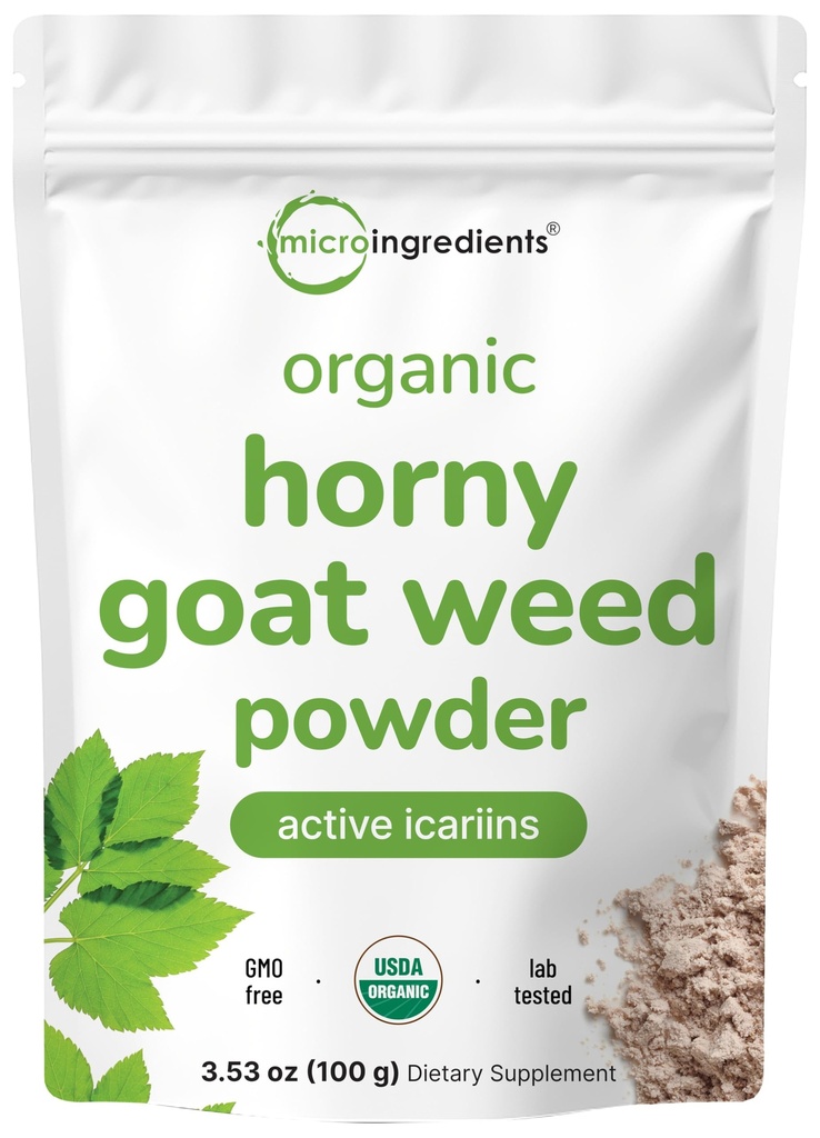 Maximum Strength Organic Pure Horny Goat Weed with Active Icariins for Men and Women, 100 Grams, Organic Epimedium Powder for Energy and Immune System Booster, Filler Free and Vegan Friendly