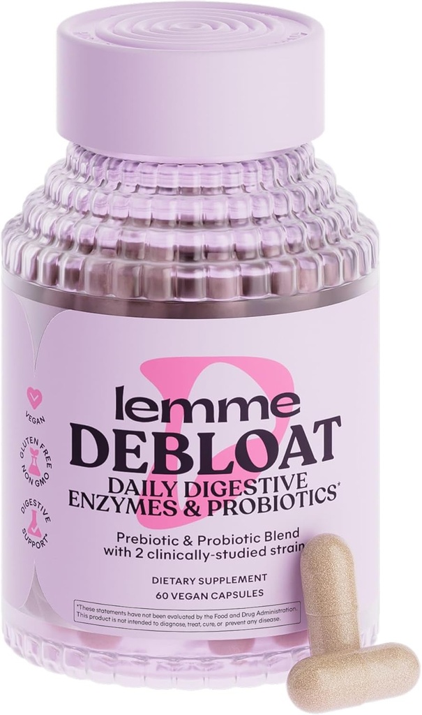 Lemme Debloat 3-in-1 Prebiotic, Probiotic & Digestive Enzyme Capsules for Bloating &amp; Gas Relief - 2 Clinically Studied Probiotics w/5 Digestive Enzymes to Improve Digestion, Women &amp; Hombres, (60 Cuenta)