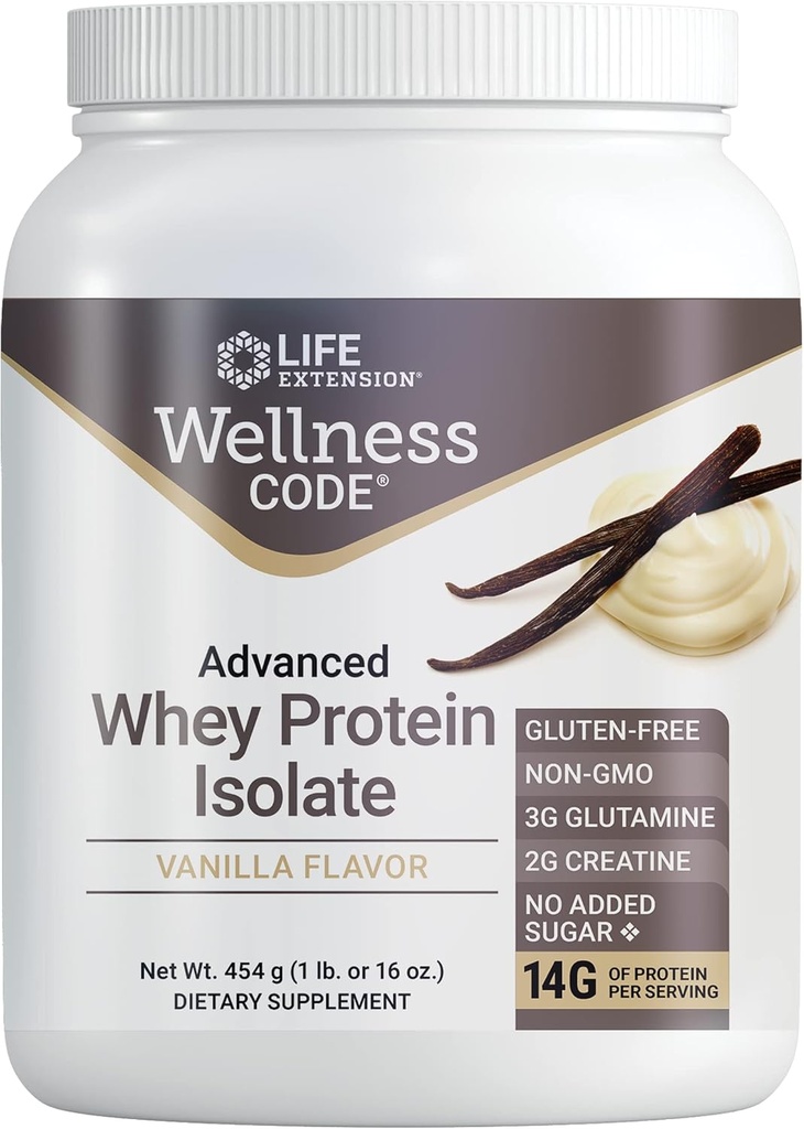 Life Extension Code Advanced Whey Protein Isolate - Vanilla Flavor -Protein Shake Mix אבקת עבור צמיחה שרירית Immune בריאות תמיכה - Gluten Free, non-GMO, Sugar Free - 454g - 20 משרתות
