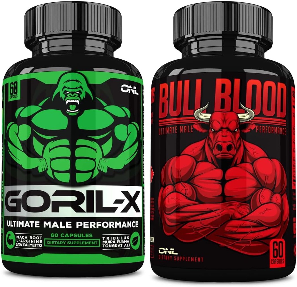 ONL 남자의 테스토스테론 부스터 번들 - GORIL-X & Bull Blood | 강화 강도, 체력 및 에너지 | Horny Goat Weed, Maca, Tongkat Ali, Tribulus - 120 캡슐