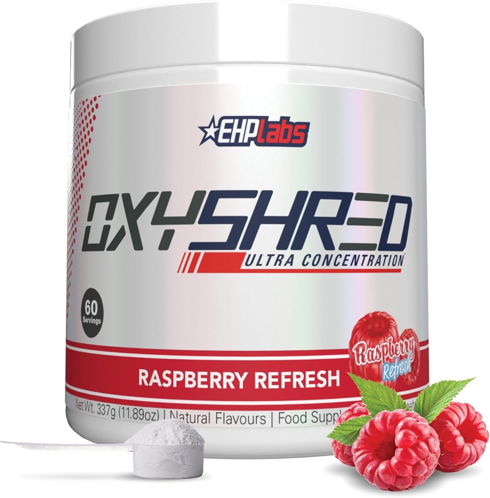 EHP Labs OxyShred Pre Workout Powder - Preworkout Powder con L Glutamine &amp; Acetyl L Carnitine, Energy Boost Drink - Raspberry Refresh, 60 Servings