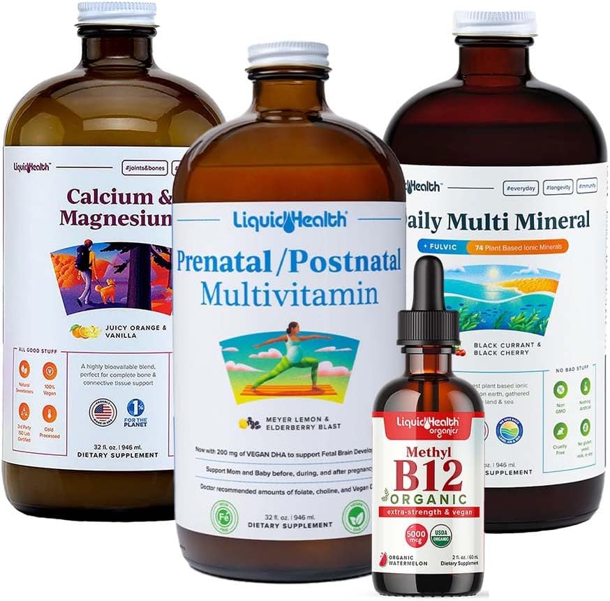 LIQUIDSENT Moterų sveikata ir gyvybingumas Kasdien skystas multivitaminų Bundle su Prenatal / postnatalinis multivitaminų, Kalcis & Magnis, Daily Multi Mineral, & Organinis vitaminas B12 lašai - JAV Pagaminta, Ne GMO