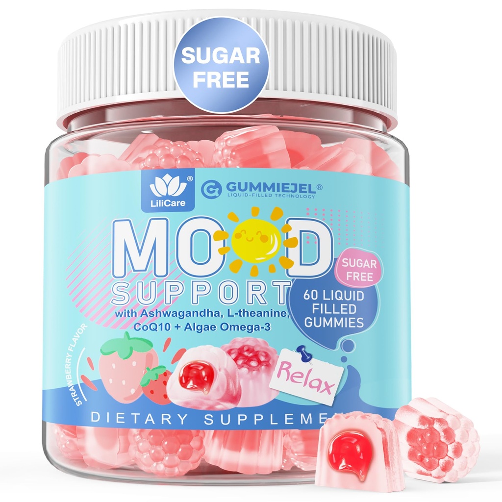 Ashwagandha Saffron Calm Gummies + Omega 3, L-Theanine & CoQ10 for Women Men, Natural Calming Happy Relax Gummies for Adults, Mood Support Supplement Gummy, Strawberry Flavor, Sugar Free, Vegan, 60ct