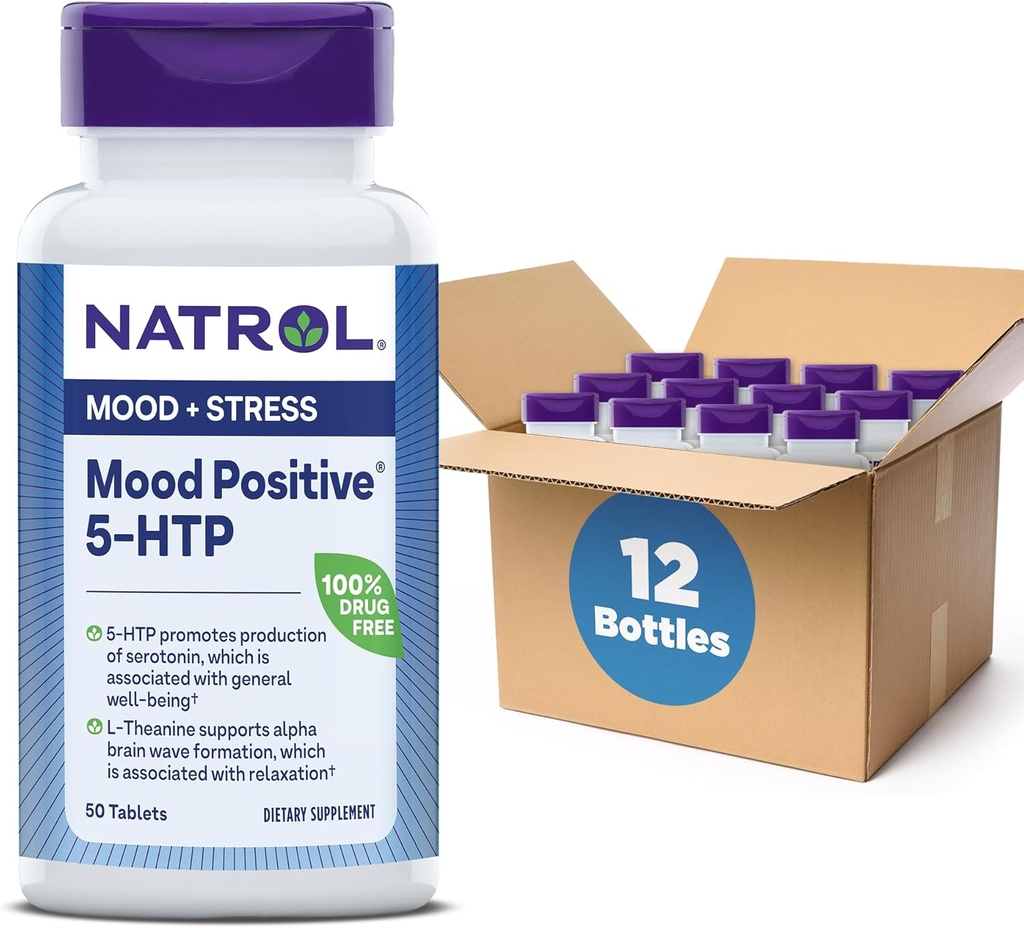 Natrol Moodiv 5-HTP 50mg L-Theanine, Vitamin B6, Vitamin B12 və Folate, Dietary Ekspert Pozitif Mood, 50 Tablets, 25-50 Day Supply (Paket 12)