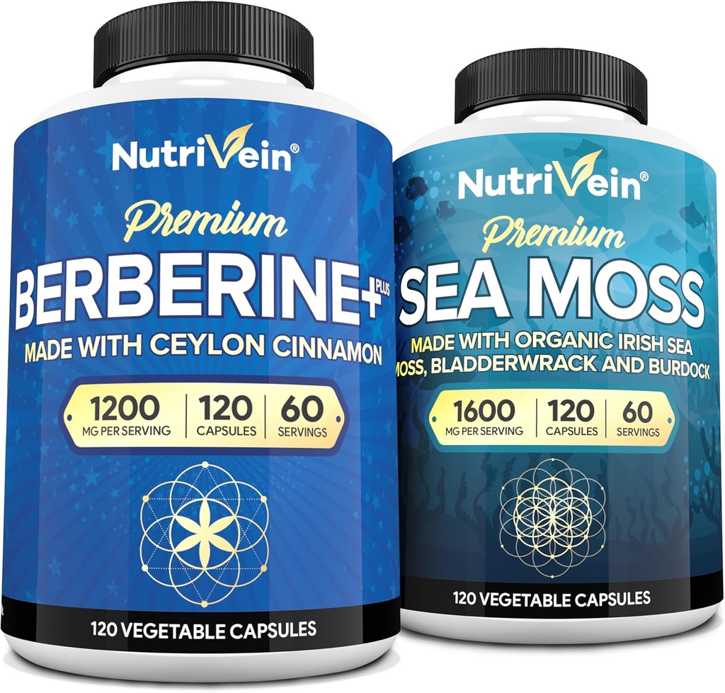 Nutrivein Premium Irish Sea Moss Capsules & Berberine Supplement Bundle: High-Absorption Sea Moss & Berberine Supplements Bundle for Digestion, Metabolism, & Vitality