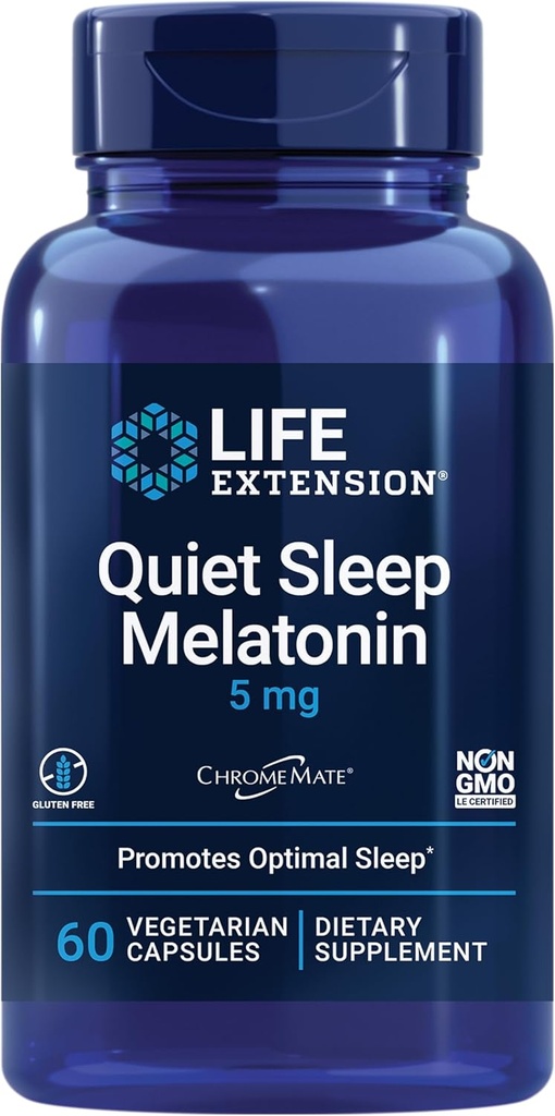Life Extension Tichý spánek melatonin, 5 mg, Výkonná podpora spánku, Zdravé cirkadiánní rýmy, Cellular Defense, Gluten- Free, Non- GMO, Vegetariánské, 60 Kapsle