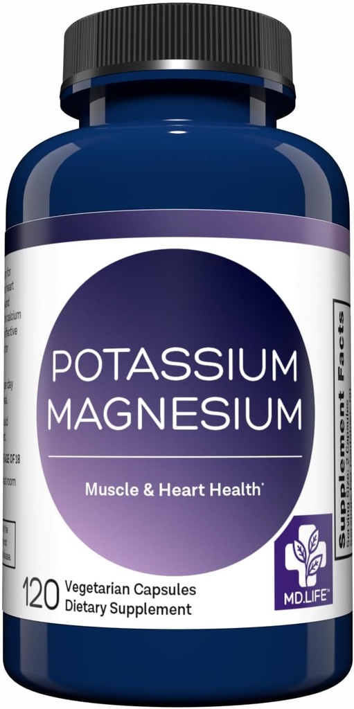 MD. Life Potasium Magnesium Supplement - 120 kapsula - Magnesium Potasium osagarria - Absorption Complex - Laguntza Vascular Health & Leg Cramp