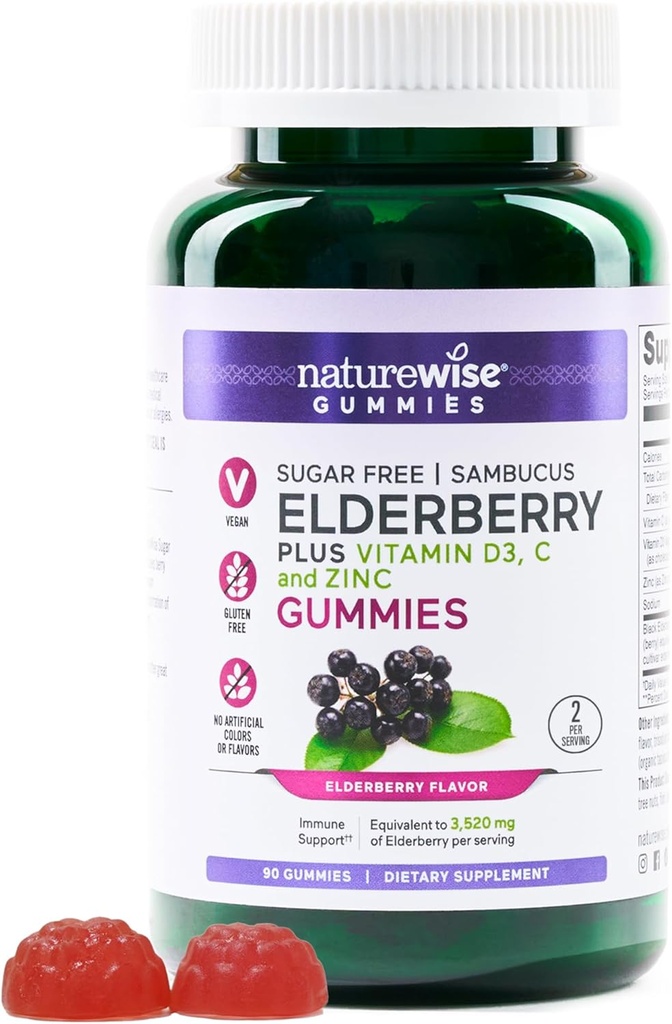 NatureWise Sambucus Elderberry Gummies - סוכר חינם - יומית Immune תמיכה תוספת עבור ילדים ומבוגרים *, עם ויטמין C, D3, Zinc - טבעוני, Gluten Free, non-GMO - Count 90 [45 ימים אספקה]