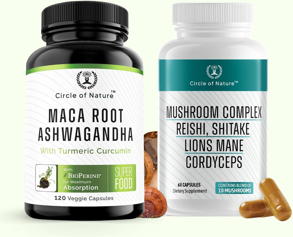 Maca Root Ashwagandha & Mushroom Suppliment inneholder Lions Mane, Cordyceps, Reshi, Shitake