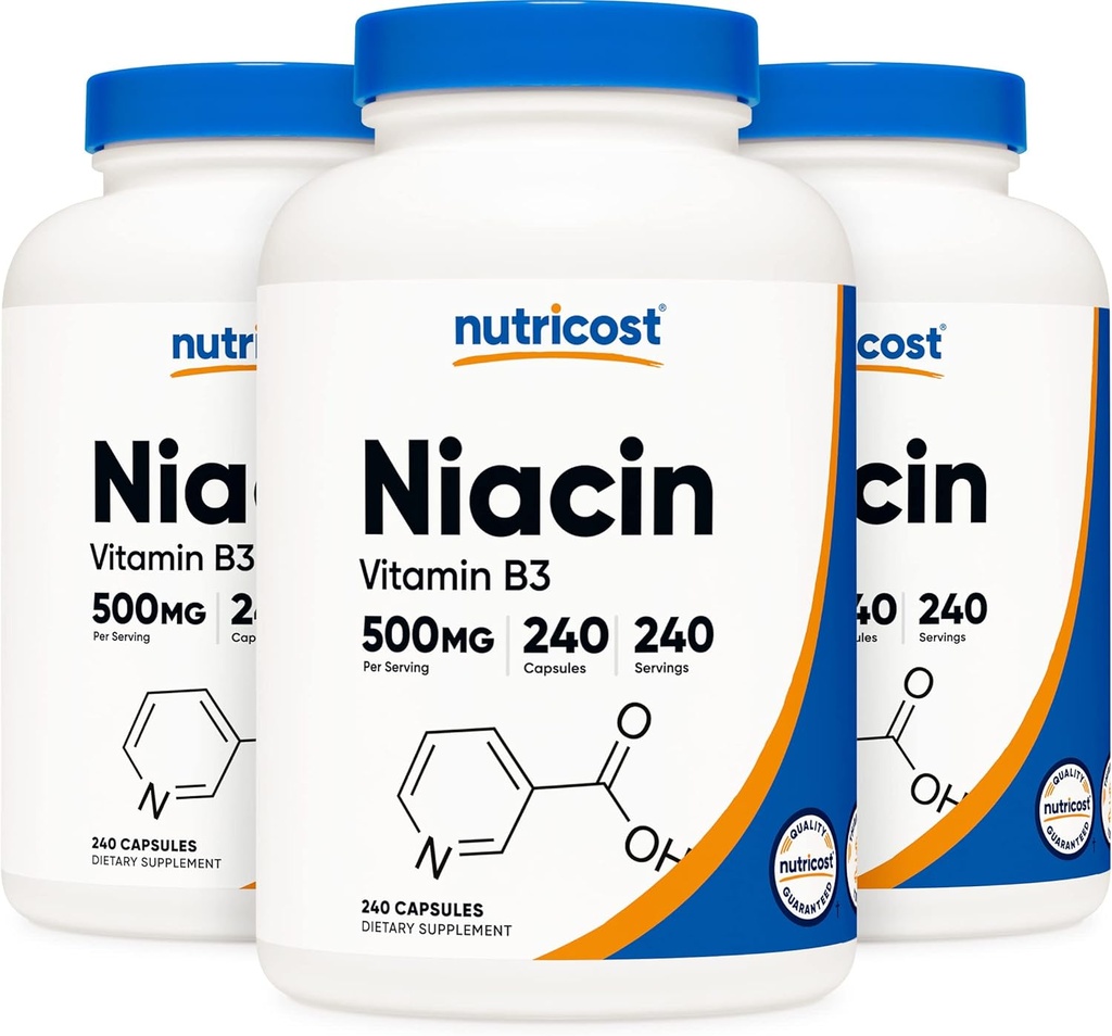 Nutricost Niacin (vitamín B3) 500 mg, 240 kapsúl (3 fľaše) - Niacin Flush