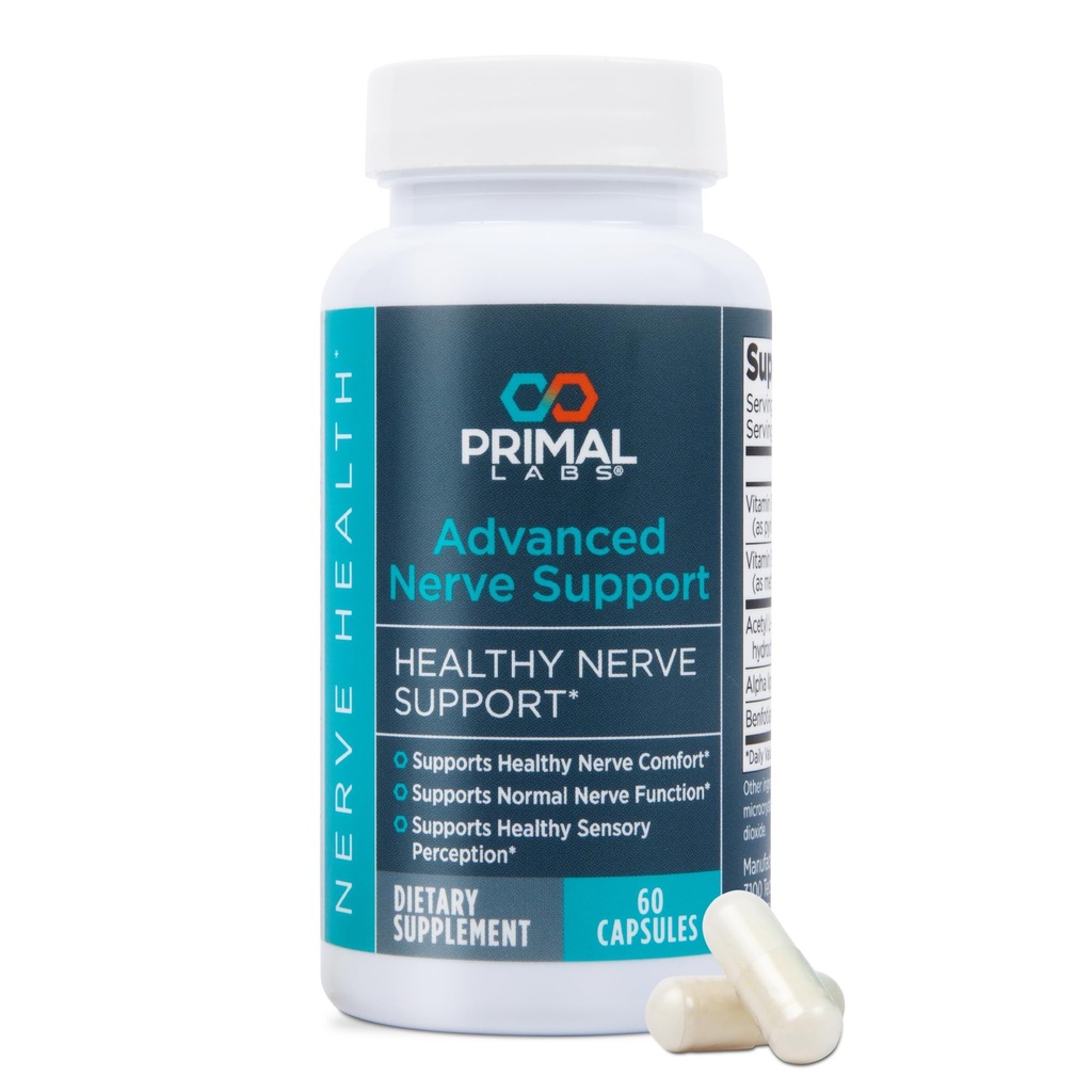 Primal Labs Nerve Support Capsules - Supports Nerve Health, Sensory Function & Comfort - Benfotiamine, Alpha Lipoic Acid, Acetyl L-Carnitine, Vitamins B6 B12-60 Count