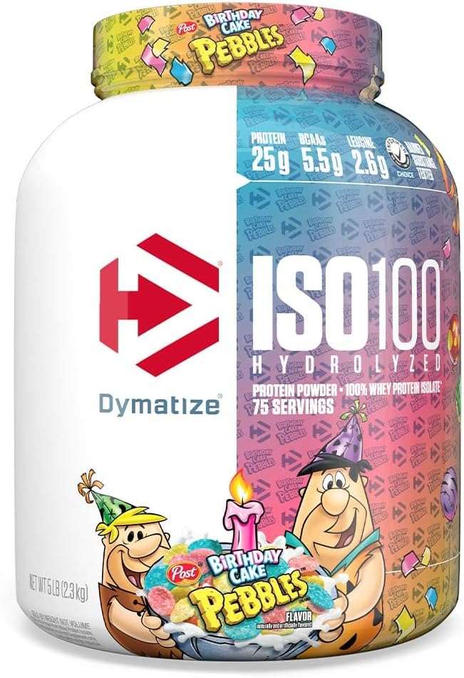 Dymatize ISO100 Whey Protein Powder Isolate, Syntymäpäiväkakku, 25 g proteiinia, 5 punta, 5.5 g BCAAs, Alle 120 Cal., Gluteeniton, 1g rasvaa, 1g sokeria, 2g Carb (75 tarjoilua)