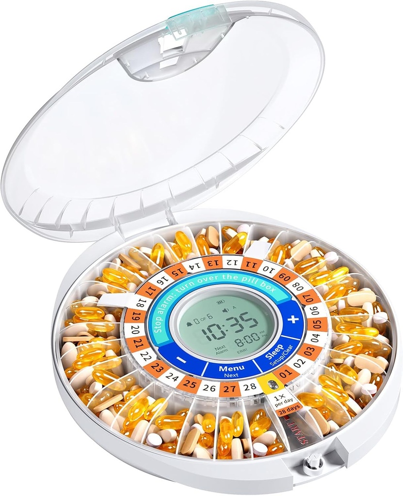 Dispenser automatico di pillole Daviky per anziani con allarme, scatola di pillole bloccate elettronica 28 giorni, Sound & Light Reminders per farmaci, vitamine e supplementi(Orange)
