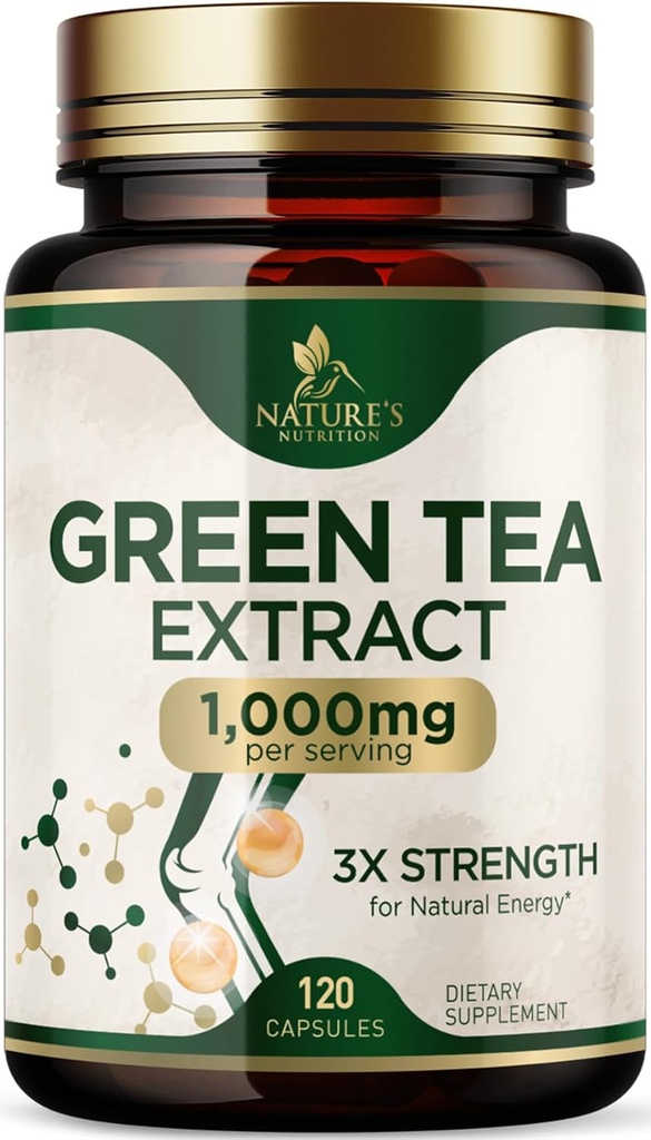 Green Tea Extract Capsules 1000 mg - Standardized 45% EGCG & 98 Polyols - 3X Strength Green Tea Pills for Natural Energy - Supports Heart Health, Herbal Supplement, Vegan, Non-GMO - 120 Capsules