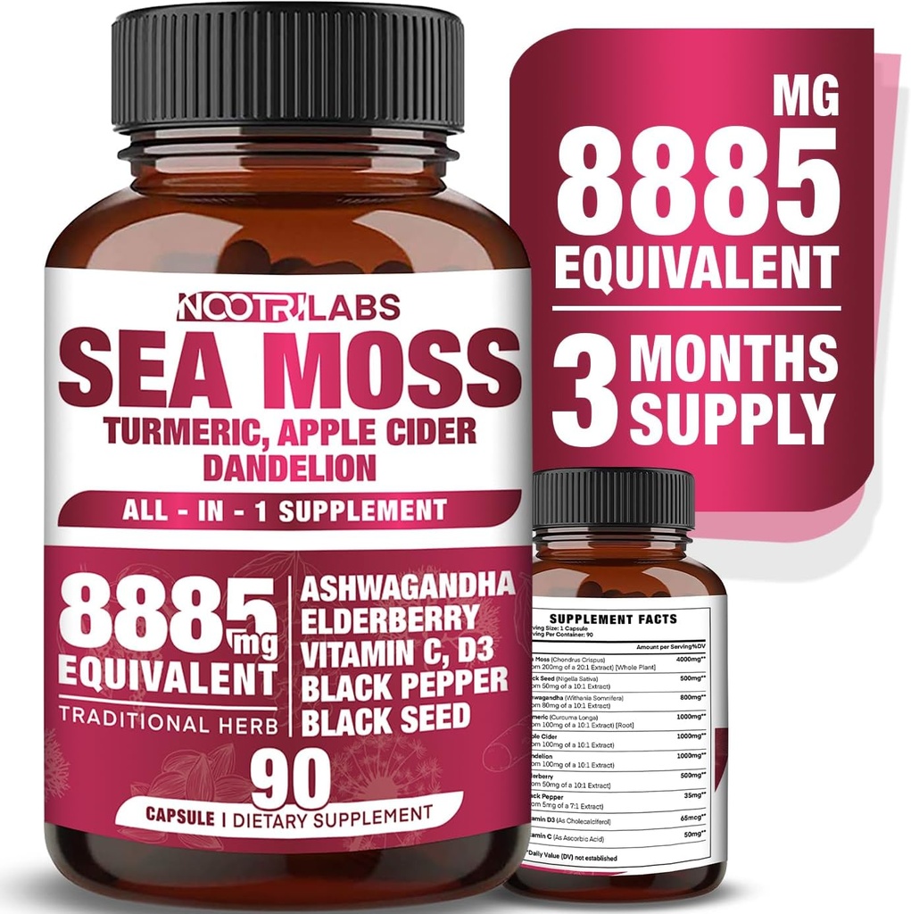 All-in-1 8885mg Highest Potency Sea Moss, Black Seed, Ashwagandha, Turmeric, Apple Cider Vinegar, Dandelion with Elderberry, C & D3 - Immune, Energy Support Supplement - 90 Vegan Capsules
