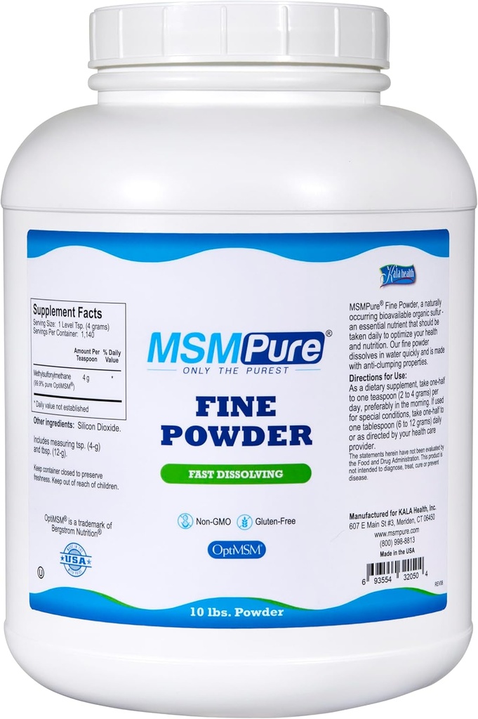 KALA HALTH MSMPure Fast Dision Fine MSM 粉晶体 – US-Made MSM 用于联合健康,皮肤外观,头发和钉子支持 – 10 lb,有机硫