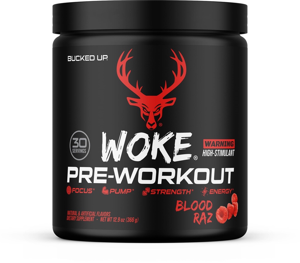 Bucked Up - Woke - HIGH STIM Pre Workout - Best Tasting - Focus Nootropic, Pump, Strength and Growth, 30 Servings (Blood Raz)