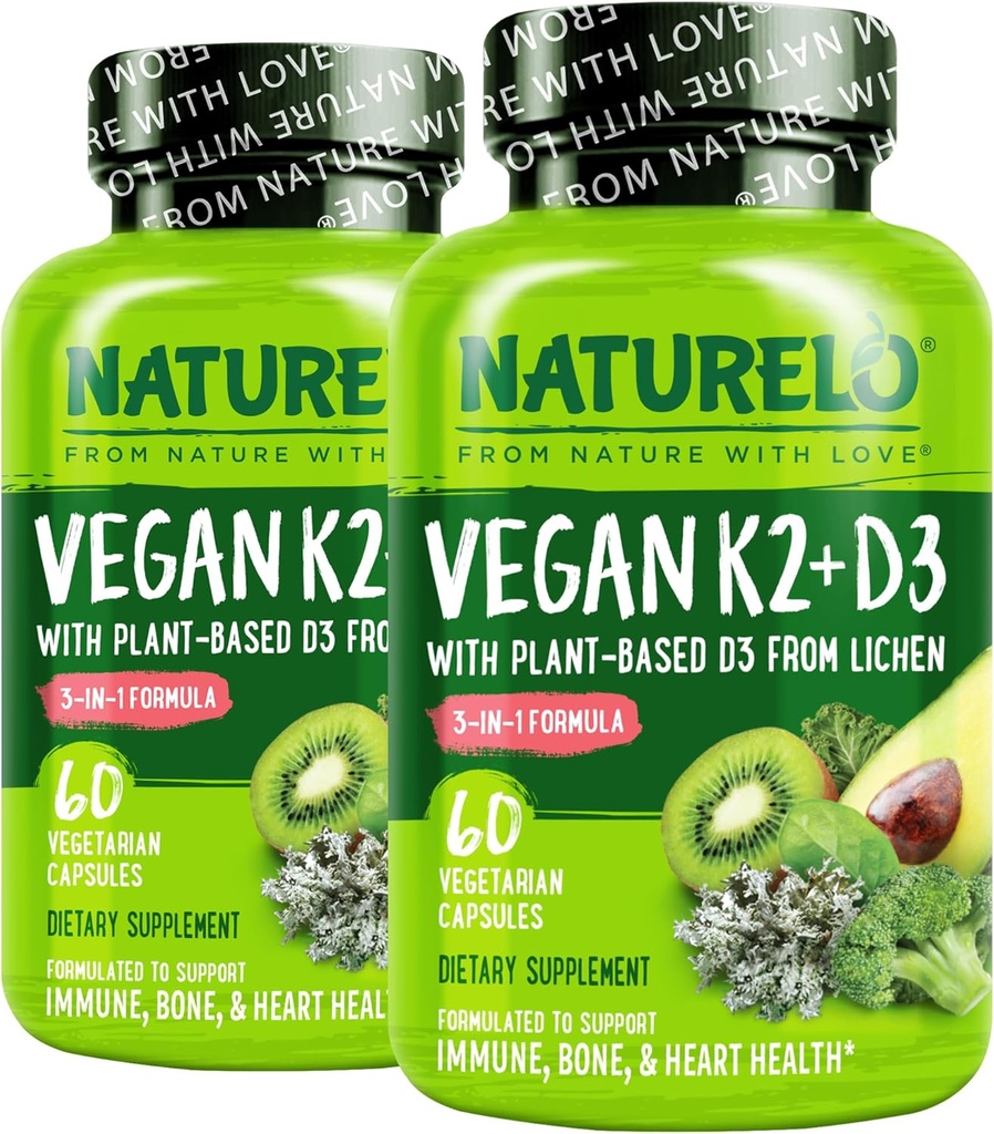 NATURELO-vitamin D3 K2 - Vegan K2 + D3 med Plant Based D3 fra Lichen - Natural D3 Supplement for immunsystem, Knoglestøtte, Hjertesundhed - Hele fødevarer - Non- GMO - Gluten Free, 60 kapsler (pakke med 2)