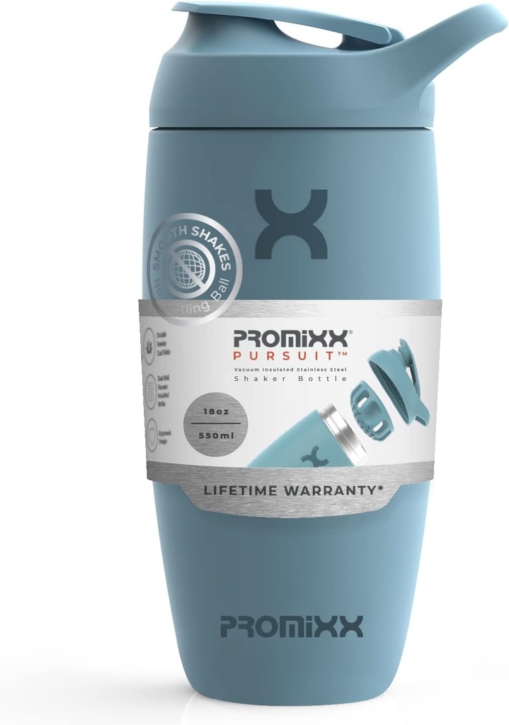 Promixx Pursuit Shaker Bottle Insulated Stainless Steel Water Bottle and shaker Cup, 18oz, Ocean cool Blue