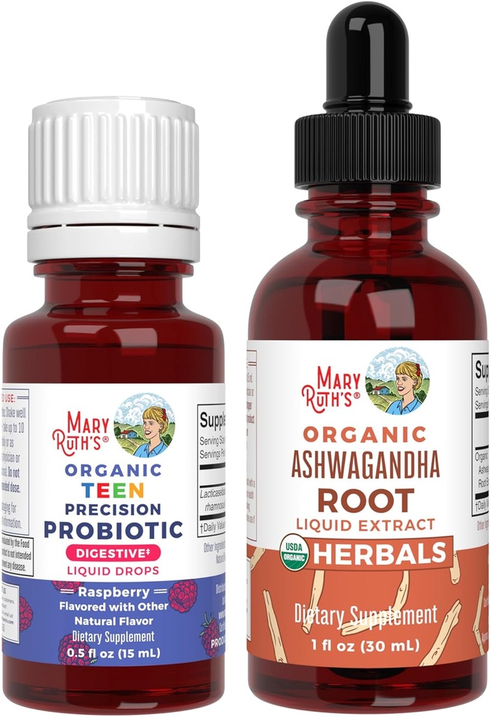 MaryRuth Organics Precision Probiotic Drops for Teens (Raspberry) & Ashwagandha Drops | USDA Organic | Vitaminer för Gut Health, Relaxation & Overall Wellness | Vegan, Non-GMO, Gluten Free
