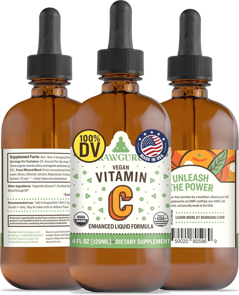 RawGuru Organik Vitamin C Tincture - Liquid Vitamin C dengan Trace Mineces - Nano-Processed Antioksidant & Imune Suppport Suppport - 30 Servis Vegan Drops per 120 ml, Paket 1