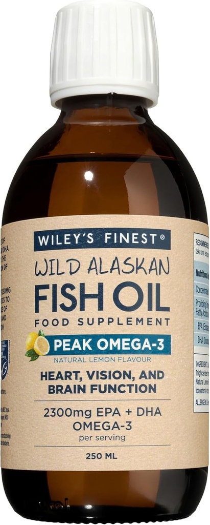 Wiley's Finest Wild Aljašský rybí olej Peak Omega-3 Liquid Supplement - 2300mg EPA a DHA Omega-3s - Citrónová príchuť - 8.45 Oz (50 Servings)