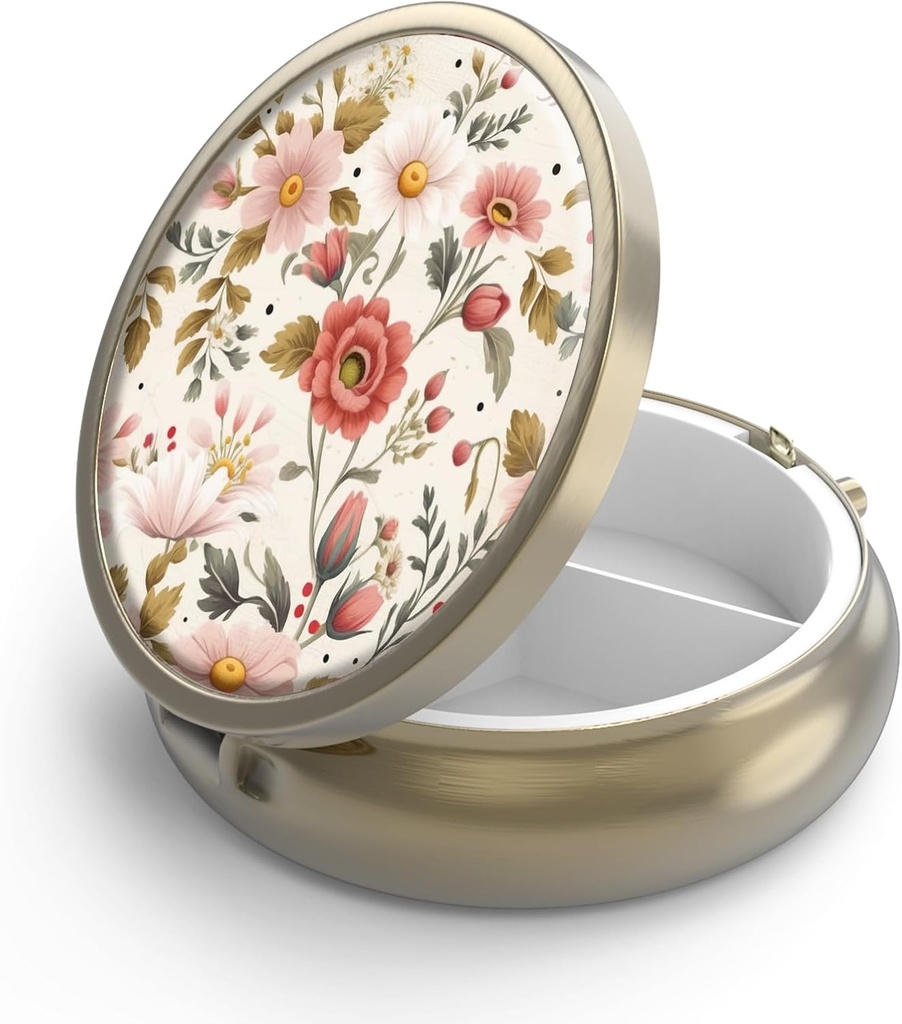 Pill Case Pill Box with Mirror Retro 3 Compartment Pill Case for Purse edo Pocket Bronze Small Roud Pill Box edo Bitaminak, Arrainaren Olioa, Gehigarriak, Pill Containe Travel Gifts(Retro Red Flowers)
