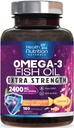 Omega 3 Fish Oil Supplements - 2400mg Fish Oil Per Serving - Triple Strength Omega-3 with EPA & DHA Fatty Acids - Natural Heart, Brain & Immune Support - Wild Caught, Bottled in USA - 180 Softgels