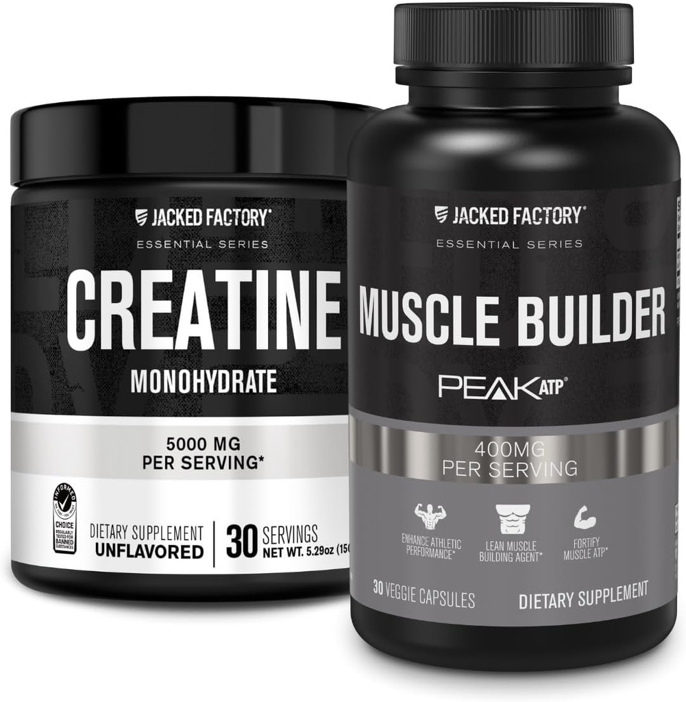 Polvere monoidrata della creatina della fabbrica di Jacked 150g - Supplemento di creatina per la crescita del muscolo, aumento della resistenza & Essentials Muscle Builder - Costruttore giornaliero del muscolo con PeakATP (30 capsule)