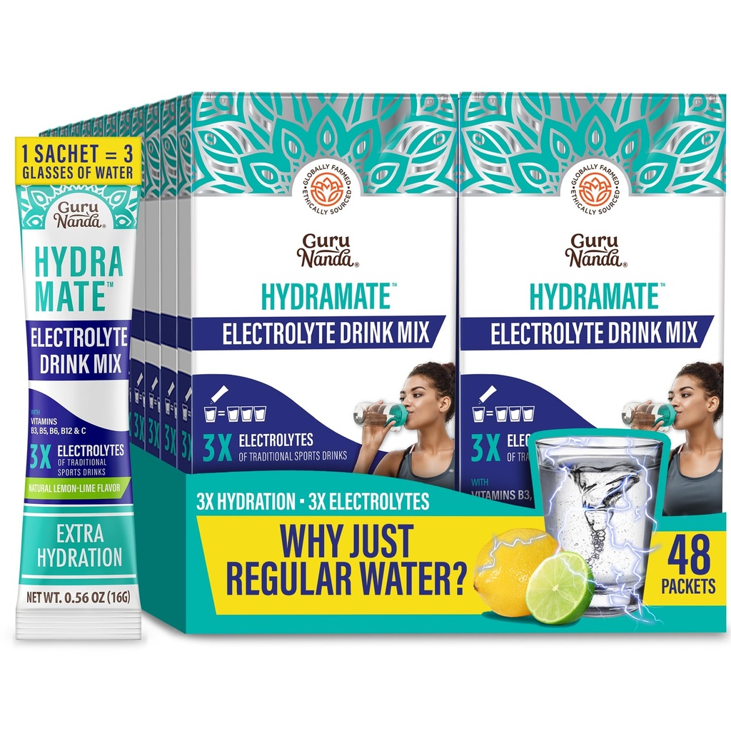 GuruNanda Hydramate Hydration Support Drink Mix - Electrolyte Powder Packets for Dehydration, Exercise & Energy - No Added Sweeteners, Non-GMO, Natural Lemon Lime Flavor - 48 Count (0.56 oz Each)