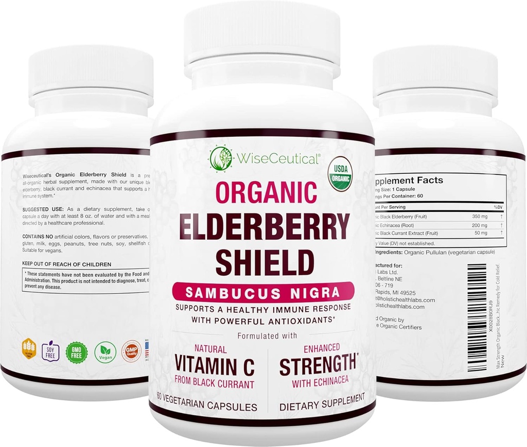 Max Strength USDA Organic Black Elderberry, Black Currant Extract & Echinacea Note 124; 3 i 1 Natural Immunsupport & C-vitamin 124; Sugar- Free, Vegan- Friendly