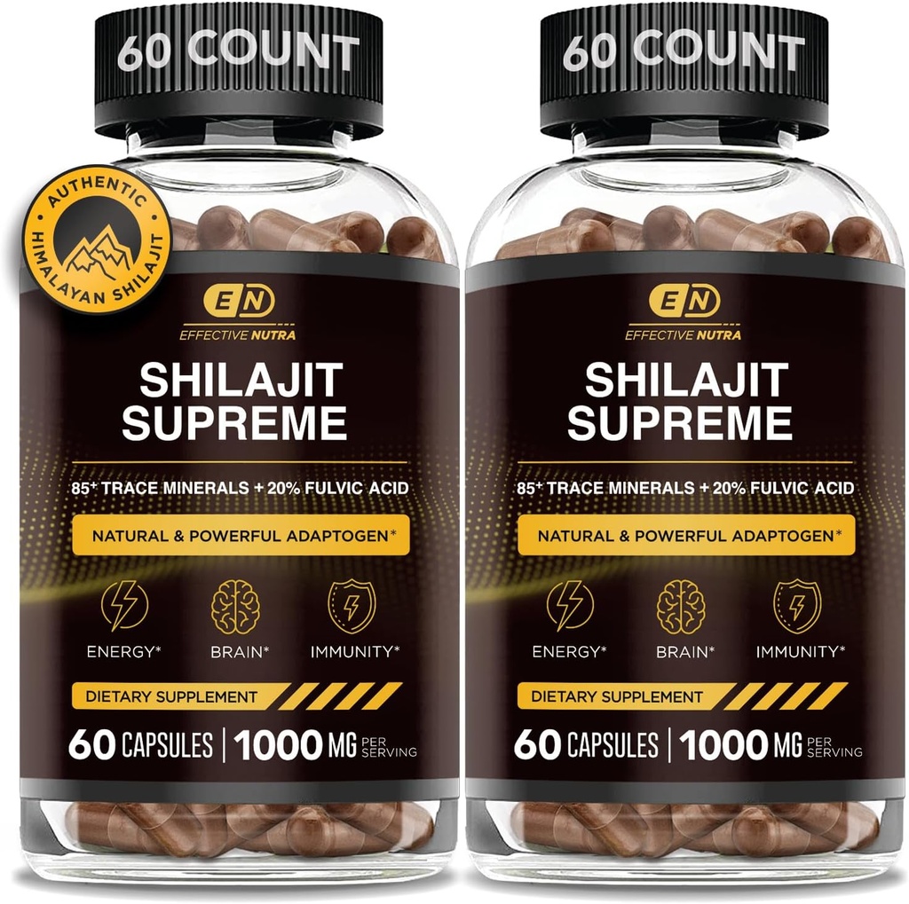 EFFECTIVE NUTRA Capsule Shilajit Pure per Uomini e Donne - Pure Himalayan Shilajit per Uomini e Donne - Alta in Minerali Trace & Acido Fulvico - 10000mg di Autentico Estratto Shilajit per Serving (120 Conte)