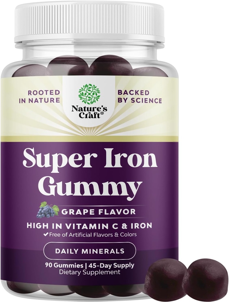 Gummie di ferro ad alta resistenza per le donne e gli uomini - Potente 45mg per la porzione chewable supplemento per le donne e gli uomini con vitamina C per l'assorbimento più alto - Vegan Daily Iron Gummy Nessun aroma artificiale