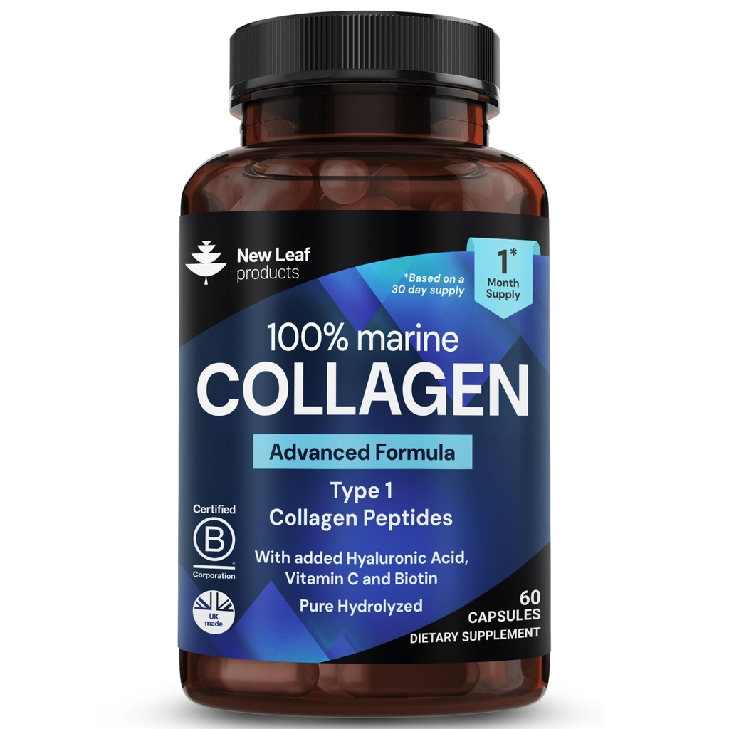 Collagen Supplements for Women & Men - Marine Collagen Peptides 1060mg per Serving with Hyaluronic Acid, Vitamin C & Biotin - Hydrolyzed Fish Collagen for Hair Skin & Nails - 60 Capsules by New Leaf