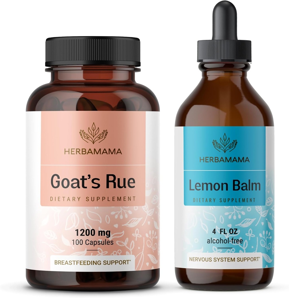 HERBAMAMA Goat's Rue and Lemon Balm Kit - Bundle de 1200 mg Goat's Rue Capsules & Lemon Balm Liquid Drops 4 fl oz - Vegan, Non-GMO, Sugar & Alcohol-Free - 2 Pack