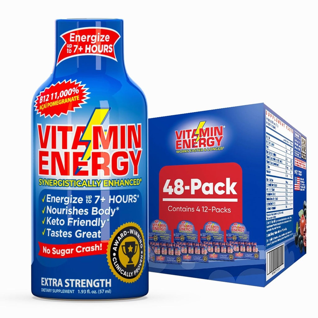 Vitamin Energy B12 11,000% Extra Strength Energy Shot Açaí Pomegranate 48 Pack, 260mg Natural Caffeine, B12 " B6, Nootropic Focus, Vitality, Zero Sugar, Gluten-Free, Vegan, Kosher, 1.93 fl oz