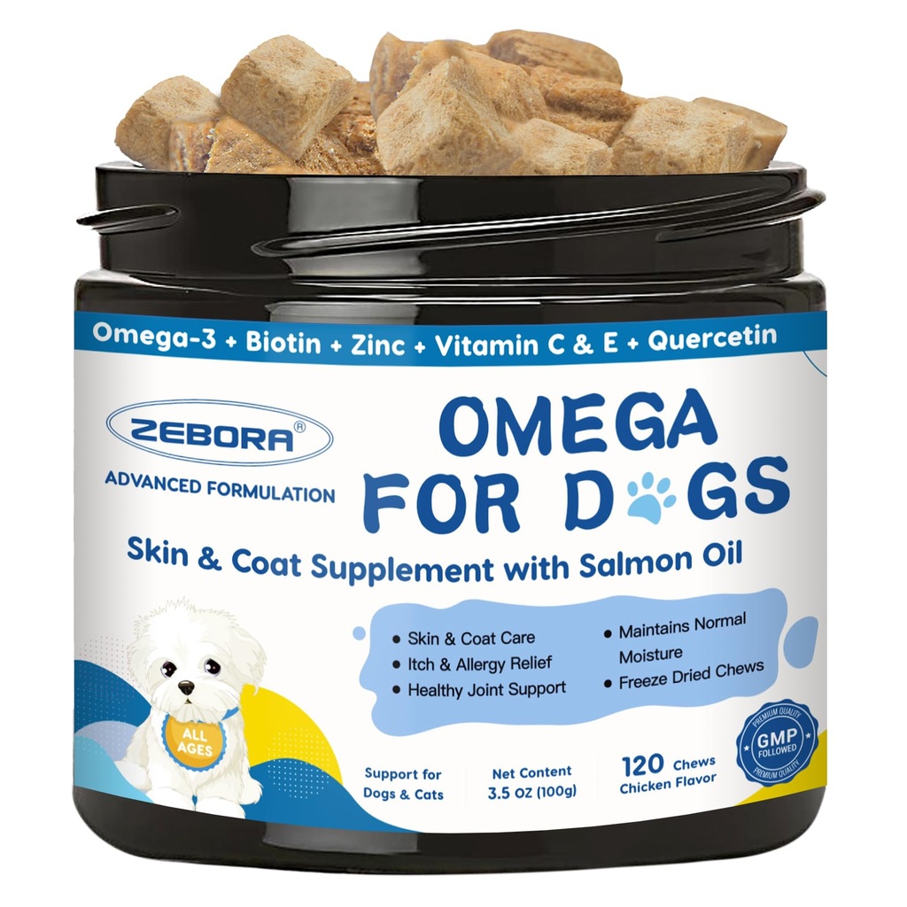 Omega 3 for Dogs with Salmon Oil, 120 Chewable Fish Oil for Dogs Skin and Coat - Dog Allergy Relief, Hot Spot Treatment, Anti Shedding, Hip & Joint Support with EPA & DHA, Biotin, Vitamin E
