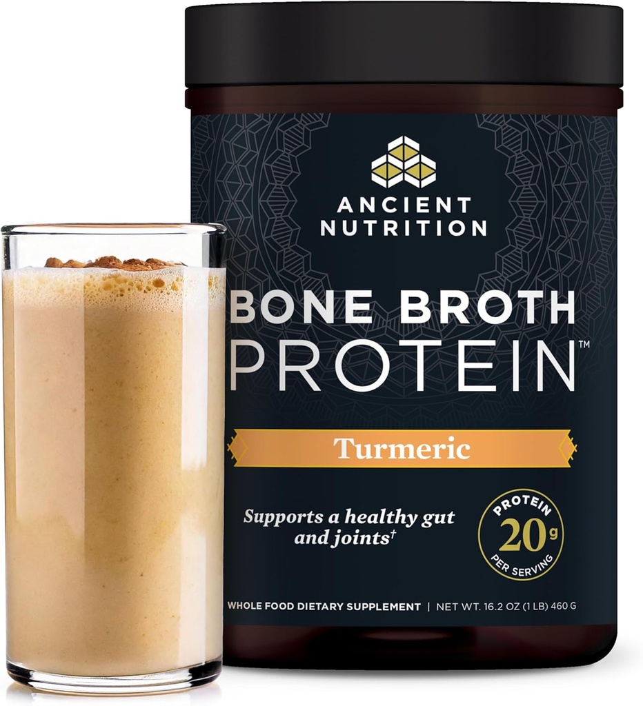 Ancient Nutrition Grass Fed, Cage Free, Bone Broth Protein Powder, 20g Proteïne, Gehydrolyseerde Collageen Peptiden, Keto & Paleo Vriendelijk, ondersteunt Joint & Gut Health, Kurkuma, 20 Servers