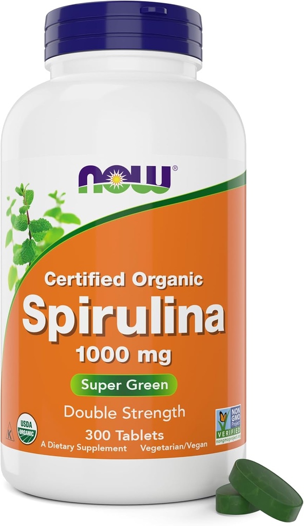 NOW Foods Organic Spirulina 1000mg Tablets - 300 Count - Non OGM, Super Green Whole Food Supplement - Doppia Forza 1000 mg - Naturally Occurring Beta-Carotene (VIT A), B-12 e GLA
