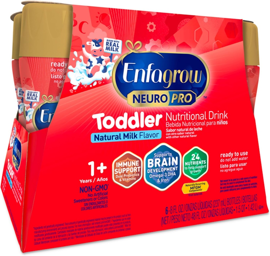 Enfagrow NeuroPro Toddler Nutritional Drink, izdelan s pravim mlekom, Brain-Building Omega-3 DHA, Nutrients and Prebiotics for Growth & Imune Support, Non-GMO, Toddler Milk Powder, 8 Fl Oz, 6 Count
